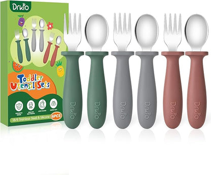 DRKIO 6 Pieces Toddler Utensils Set - Kids Silverware Set with Silicone Handle Children Safe 18/8 Stainless Steel Forks and Spoons Anti-Choke Design Food Grade Dishwasher Safe