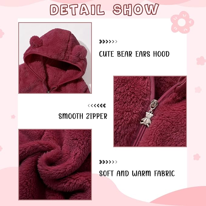 Baby Toddler Boys Girls Fleece Jacket with Hood Zip Up Cute Bear Coats for Infant Boys Girls Fuzzy Jacket with Ear 1-5T