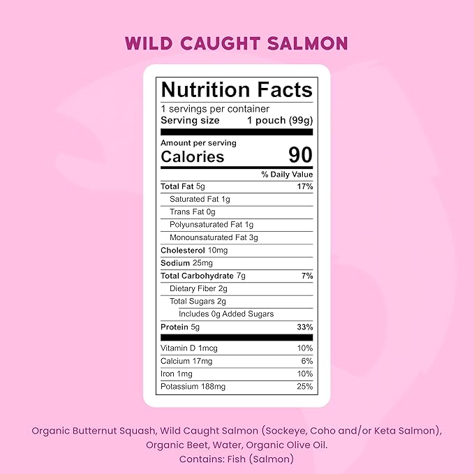 Serenity Kids 6+ Months Salmon Baby Food Pouches - Wild-Caught Salmon & Butternut Squash - High-Protein Baby Snacks - No Sugar Added Toddler Meals - 3.5 Oz, Pack of 6