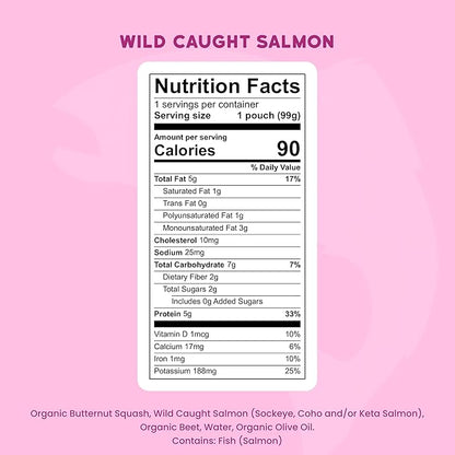 Serenity Kids 6+ Months Salmon Baby Food Pouches - Wild-Caught Salmon & Butternut Squash - High-Protein Baby Snacks - No Sugar Added Toddler Meals - 3.5 Oz, Pack of 6