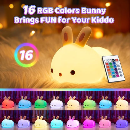 One Fire Bunny Toys for Kids Night Light for Kids with Remote, 16 Colors+5 Brightness Cute Lamp, Soft Silicone Baby Night Light, 1200mAh Portable Dimmable Touch Lamps, Kawaii Room Decor
