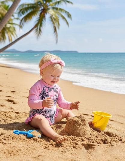 Renotemy Baby Girls Swimsuit Summer Infant Girl Bathing Suit Zipper Long Sleeve One-Piece Rash Guard Swimwear with Hat 3M-3Y