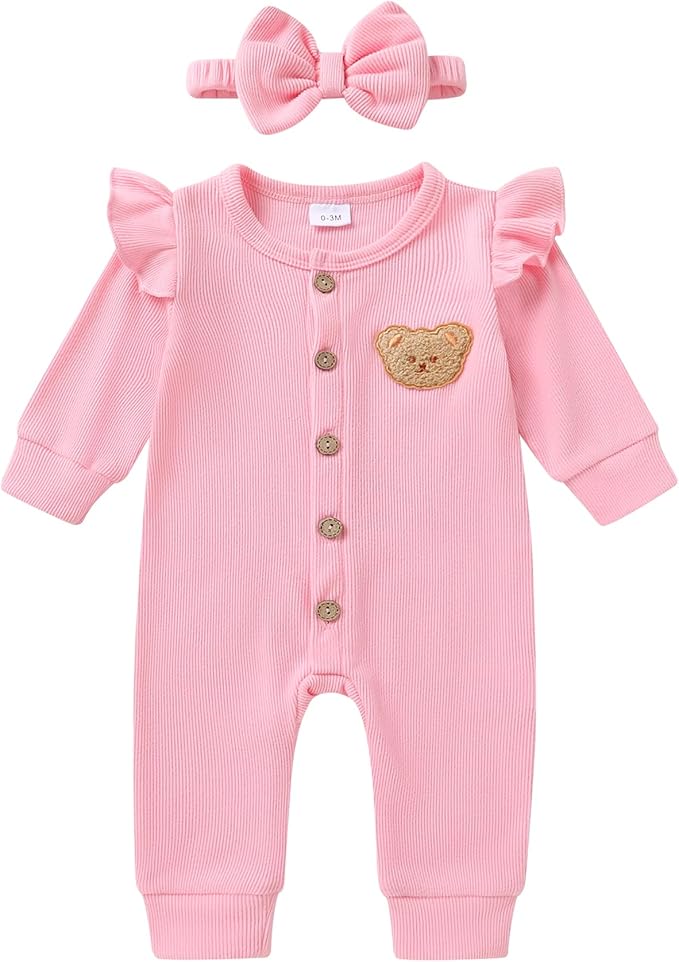 Newborn Baby Girl Cute Bear Ruffle Long Sleeve Jumpsuit Ribbed Bodysuit One-Piece Button Romper with Headband 0-18M