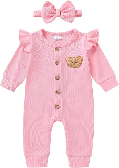 Newborn Baby Girl Cute Bear Ruffle Long Sleeve Jumpsuit Ribbed Bodysuit One-Piece Button Romper with Headband 0-18M