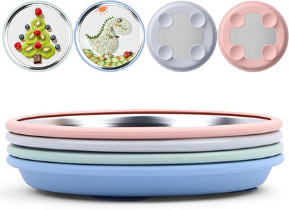 8" Stainless Steel Baby Suction Plate, Toddler Plates with Removable Silicone Sleeves, Non Toxic Unbreakable Led Weaning Supplies Kids Snack Dishes Set of 4, Sage Blue Gray Blush