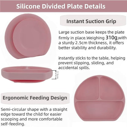 Personalized Name Food Grade 6pcs Baby Feeding Set with Spoon, Fork,Silicone Suction Bowls,Cup,Plate,and bib BPA Free - First Stage Self Feed (Color Muted Deep Pink Y19)