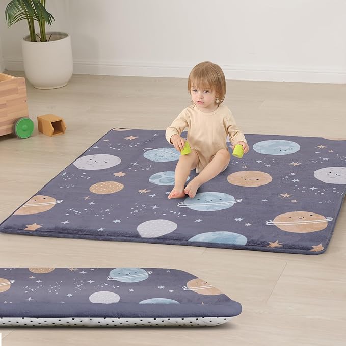 Baby Play Mat for Floor,1.3" Thick Cushioned Playpen Mat 50"x50",Extra Soft Elasti-Foam,Water Repellent Coral Velvet,Non-Slip for Crawling&Tummy Time,Infant Toddler Kids Nursery Rug(Space)