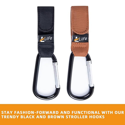 2 Pcs Brown Baby Stroller Hooks for Hanging | Multipurpose Stroller Straps with Durable and Stylish Stroller Clips for Diaper Bags | The Perfect Mummy Hook for Pram, Wheelchair, Shopping and Pet Carts