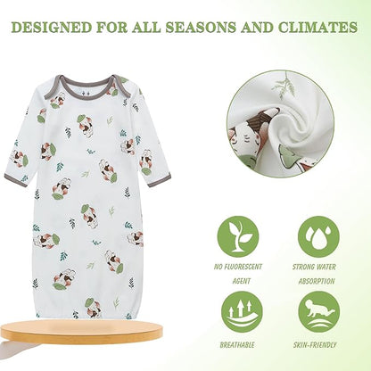 Baby Newborn Gown, 3 Packs Baby Sleeping Bag, Long Sleeve Sleep Sack, Cotton Cloths for Newborn Boys Girls 0-12 Months