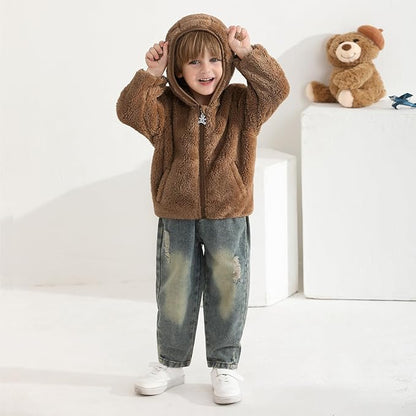 Baby Toddler Boys Girls Fleece Jacket with Hood Zip Up Cute Bear Coats for Infant Boys Girls Fuzzy Jacket with Ear 1-5T