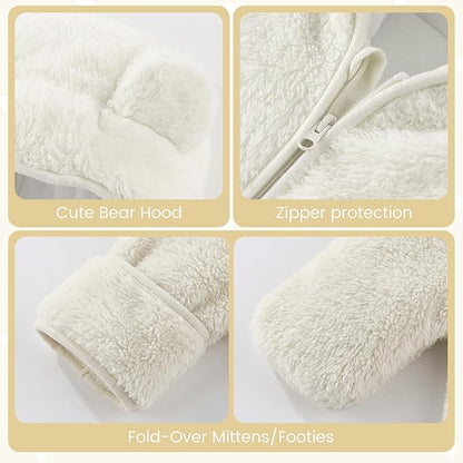 JiAmy Baby Snowsuit Newborn Fleece Winter Clothes With Flod-Over Zipper Baby Bear Hooded Thick Outfits