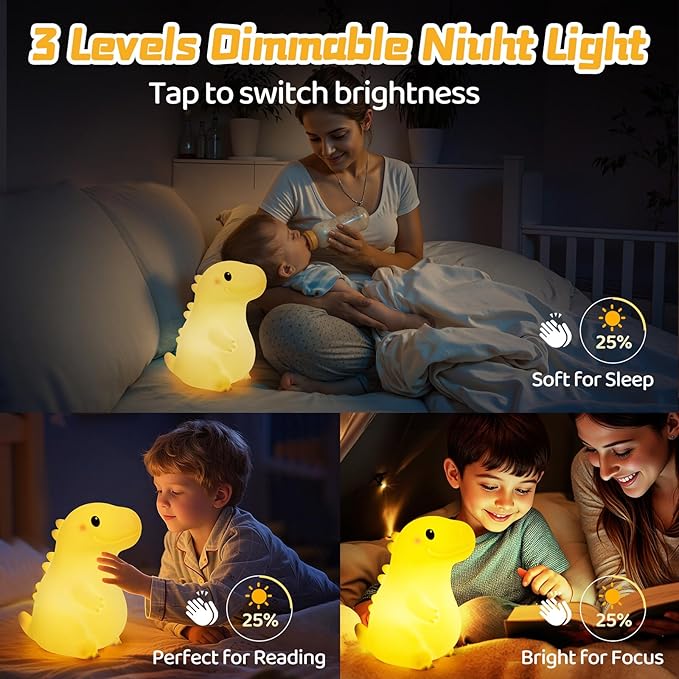 Mewaii Big Dinosaur Night Light for Kids, 7.8 in & 18 Funny Sounds Squishy Silicone Dinosaur Lamp with 3-Level Brightness, Rechargeable LED Cute Dino Nightlight for Boys Baby Nursery Gift&Room Decor