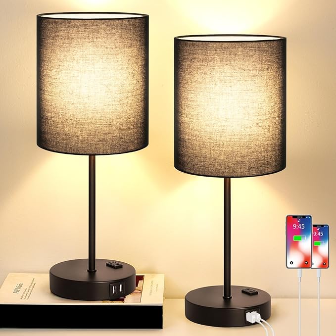 Lynnoland 2 Pack Touch Control Table Lamps with 2 USB & AC Outlet, 3-Way Dimmable Bedside Nightstand Lamps for Bedroom Living Room Nursery, 800 Lumens 3000K Warmlight Bulbs Included