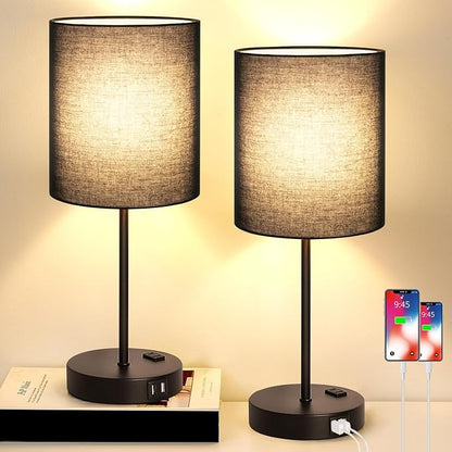 Lynnoland 2 Pack Touch Control Table Lamps with 2 USB & AC Outlet, 3-Way Dimmable Bedside Nightstand Lamps for Bedroom Living Room Nursery, 800 Lumens 3000K Warmlight Bulbs Included