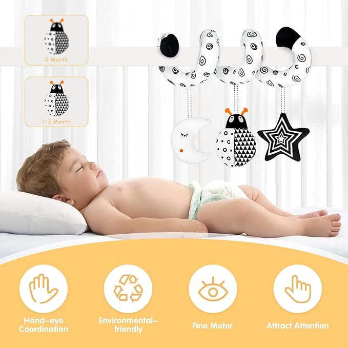 XIXILAND Car Seat Toys for Babies 0-6 Months Boys Girls, Black and White High Contrast Baby Toys 0-3 Months Carseat Toys Hanging, Stroller Newborn Infant Sensory Develpmental Toy for 0-18 Months