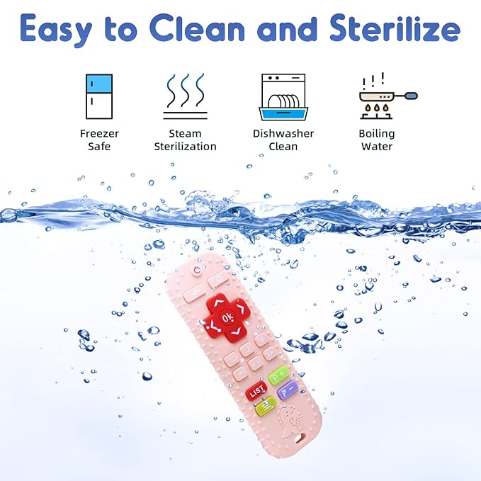 Teething Relief Teethers Toys for Babies 3-6 12 Months Gifts, Food Grade Silicone Sensory Remote Control Baby Teether Bath Toys for 3 9 18 Months Newborn Infant Boy Girl Autism, Pink