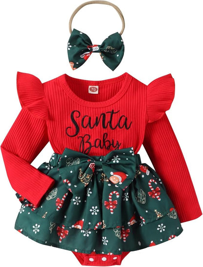 Newborn Christmas Outfit Baby Girl Plaid Romper Dress Infant Ruffle Long Sleeve Ribbed Bodysuit Headband Clothes