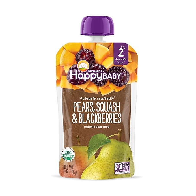 Happy Baby Organics Stage 2 Baby Food Pouches, Gluten Free, Vegan & Healthy Snack, Clearly Crafted Fruit & Veggie Puree, Pears, Squash & Blackberries, 4 Ounces (Pack of 16)