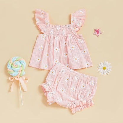 Mubineo Baby Girl Summer Clothes Cute Ruffle Tops Dress Shorts Outfits Set Infant Toddler Shrit Bloomers Princess Outfit