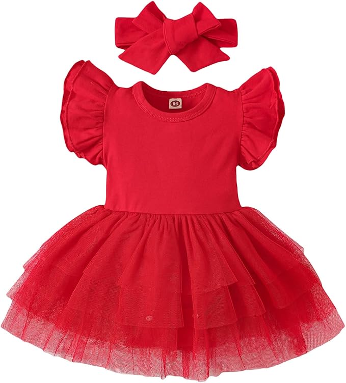 Baby Girl Clothes Infant Ruffle Sleeve Romper Dress Newborn Solid Tutu Skirt Sets Jumpsuit Headband Outfit