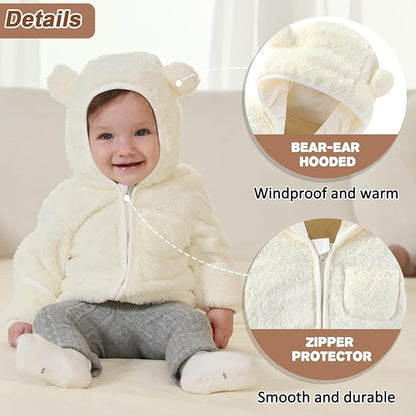 Baby Infant Boys Girls Winter Coat with Fold-Over Mittens Fleece Outwear Jacket Warm Clothes Bear Hooded