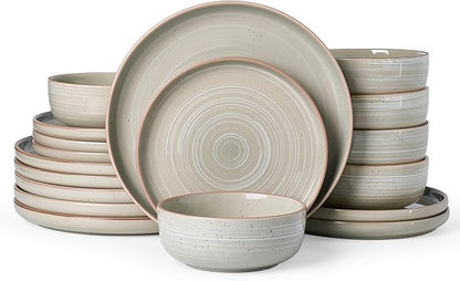 Famiware Meteor Plates and Bowls Sets, 18-Piece Stoneware Dinnerware Sets, Dishes Set for 6, Microwave and Dishwasher Safe Tableware, Matcha Green