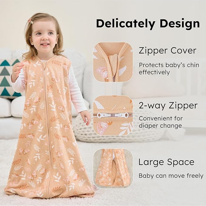 Baby Sleep Sack 0-6 Months, 100% Cotton Sleeping Sack for Newborn and Infant, 3 Pack Baby Wearable Blanket for Boy and Girl, 0.5 Tog Lightweight Double Zipper Sleep Bag Pink Orange Flower