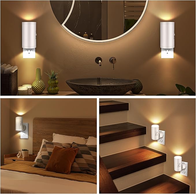 4 Pack LED Plug-in Wall Night Light with Dimmable 0-300 Lumens, 2700K Warm White, Auto On/Off Light Sensor & Adjustable Head for Hallway, Stairs, Bedroom