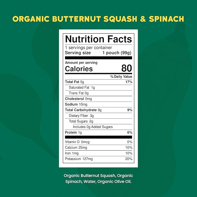 Serenity Kids 6+ Months Veggie Puree Baby Food Pouches - USDA Organic BPA-Free Allergen-Free Pouches - No Added Sugar Toddler Snack - Spinach & Squash Baby Puree - 3.5 Oz, Pack of 6