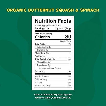 Serenity Kids 6+ Months Veggie Puree Baby Food Pouches - USDA Organic BPA-Free Allergen-Free Pouches - No Added Sugar Toddler Snack - Spinach & Squash Baby Puree - 3.5 Oz, Pack of 6