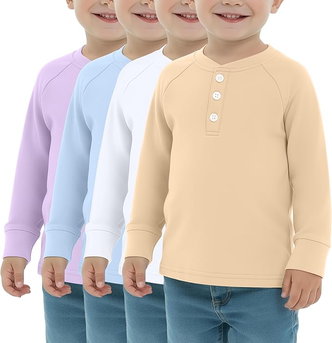4 Pack Boys' Long Sleeve Shirts Girls' Henley Tees Toddler Baby Knit Casual Tops Kids Fall Clothes Unisex
