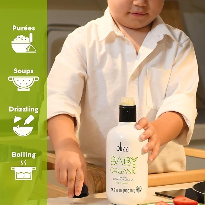 Olive Oil for Baby Food - Olizzi Baby Organic Extra Virgin Olive Oil, Cold Pressed, USDA Organic, Kosher, Delicious, Smooth, Award Winning, Polyphenol Rich, 16.9 FL OZ (500 ML)
