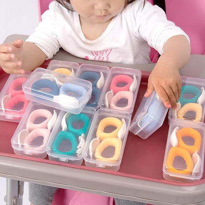 Baby Self Feeding Training Spoon and Fork Set with Travel Case, BPA-Free Cute Circle Toddler Training Utensils, Silicone/ABS Great Tableware Set Spoons Fork for Kids(Deep Green & Light Yellow)