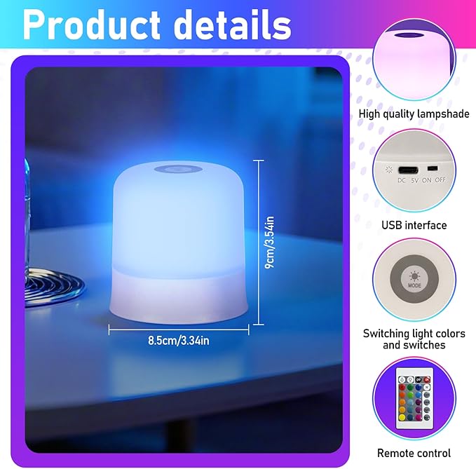 Night Light Bedside Lamp with Touch and Remote Control, 13 RGB Colors Changing 5 Brightness Dimmable Table lamp, Rechargeable Portable Desk Lamp for Baby Kids Nursery Bedroom Outdoor Camping
