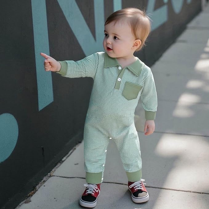 Newborn Baby Boy Winter Clothes Long Sleeve Lapel Jumpsuit Collar Plaid Romper Playsuit Infant Baby Boy Fall Outfit