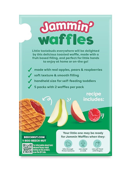 Beech-Nut Toddler Snacks Jammin' Waffles with Fruit Filling for Babies & Toddlers, Pear Raspberry, 10 Boxes (50 Individually Wrapped Packs)