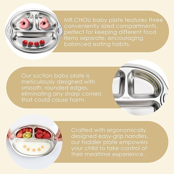MR. CHOU Baby Plates with Suction - Stainless Steel Divided Toddler Plates, Compartment Suction Plate for High Chair, Baby Led Weaning & Self Feeding, Dishwasher Safe, BPA Free (Beige)