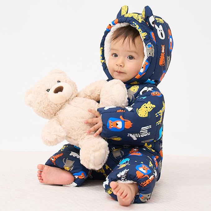 JiAmy Baby Snowsuit Baby Printed Winter Clothes With Flod-Over Girl Boy Hooded Outfits Jumpsuit Coat