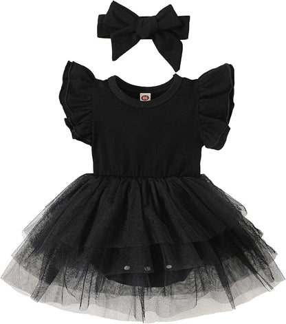 Baby Girl Clothes Infant Ruffle Sleeve Romper Dress Newborn Solid Tutu Skirt Sets Jumpsuit Headband Outfit