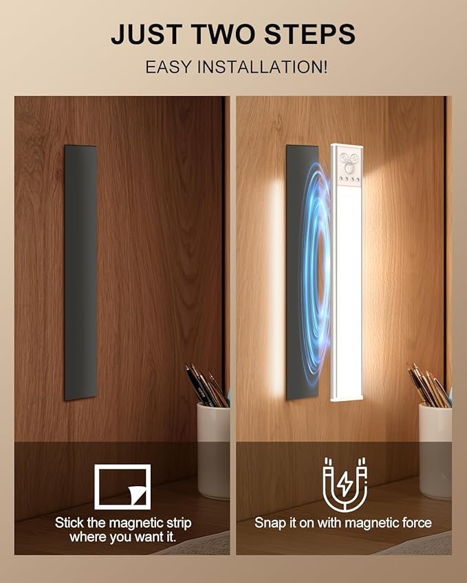 Under Cabinet Lighting, LED Motion Sensor Light Indoor with 3 Color Dimmable, 3300mAh Battery Operated Closet Lights Rechargeable Lamp, Magnetic Under Counter Night Lights Used in Cabinet (12 inches)