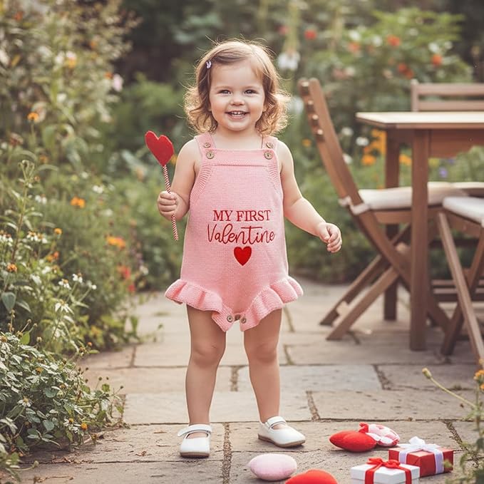 Infant My First Valentines Baby Girl Outfit Newborn Button Heart Embroidery Knit Romper Bubble Bodysuit One Piece