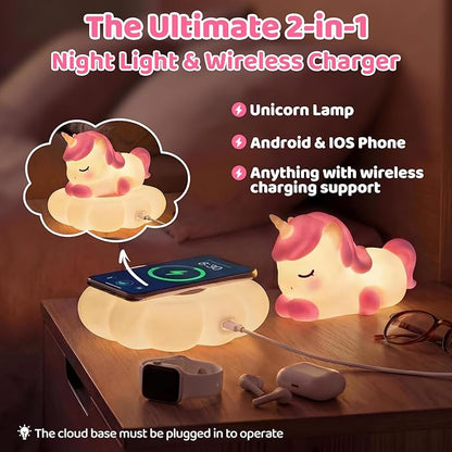 Mewaii Cloud Unicorn Night Light for Kids-Wireless Charging Cloud Base, 3-Level Dimmable 7-Color Changing & 30-Min Timer, Portable Girls Night Lamp, Cute Unicorn Gifts for Girls Baby Nursery Decor