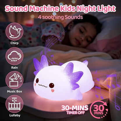 Mewaii Huggwaii Squishy Axolotl Night Light for Kids, Dimmable Silicone Kids Night Light with 4 White Noise, 2025 Upgraded Rechargeable Axolotl Lamp,Toddler Nightlight,Girls&Baby Gifts Room Decor