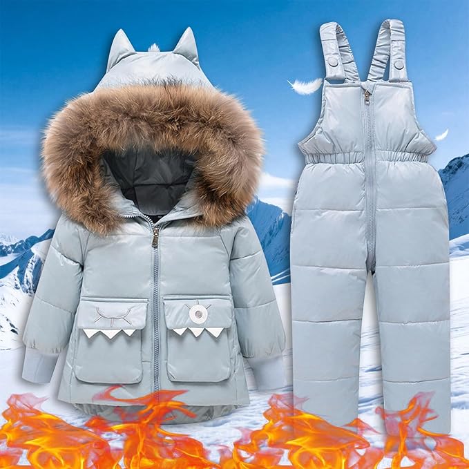 Kids 2 Piece Snowsuit Sets Girls Boys Winter Cute Hooded Puffer Jacket Snow Pants Snowboard Skiing Sets Insulated