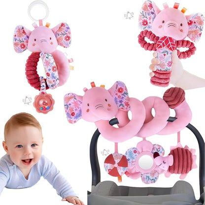 Infant Toys 0-6-12 Months Spiral Car Seat Toy, Baby Stroller Hanging Rattle Stuffed Animal for Babies 0-3-4-5-7 Christmas Newborn Boy Girl Gifts Stocking Stuffers Mirror Crinkle Elephant 3PCS