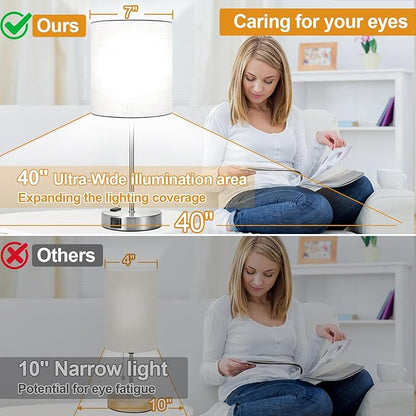 Lynnoland Set of 2 Touch White Table Lamps with 2 USB Ports & AC Outlet, 3-Way Dimmable Bedside Nightstand Lamps for Bedroom Living Room Nursery, 800 Lumens 5000K Daylight Bulbs Included