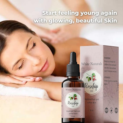 White Naturals Organic Rosehip Seed Oil Cold Pressed, Unrefined 100% Pure Rose Hip Carrier Oil, Natural Moisturizer For Body Face Hair Skin Massage & Nails, Facial Serum Anti-Aging Treatment 4 oz