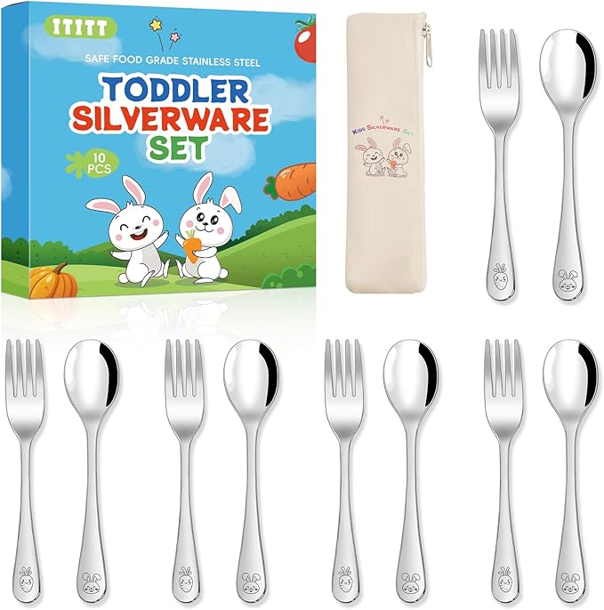 10 Pieces Stainless Steel Toddler Utensils Set - Food Grade Kids Silverware Set Children Safe Small Forks and Spoons Mirror Polished Sturdy and Durable Dishwasher Safe