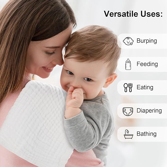 10 Pack Muslin Burp Cloths - 17"x9" 6-Layer 100% Cotton - Ultra Soft & Super Absorbent for Baby Spit Up & Drool - Gentle Burping Cloths for Newborn Boys & Girls, Essential Baby Items