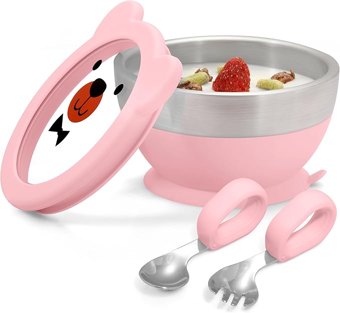 MR. CHOU Baby Suction Bowl Set with Spoon & Fork, Double-Layer 18/8 Stainless Steel Toddler Bowls with BPA Free Airtight Lid, Food Grade Infant Self-Feeding Bowl, First Stage Led Weaning Supplies Pink